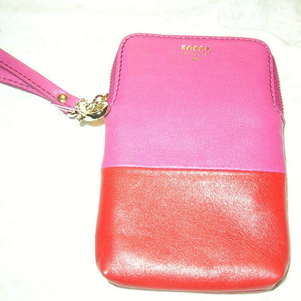 FOSSIL ~ fuchsia pink & red leather wristlet ~ new
